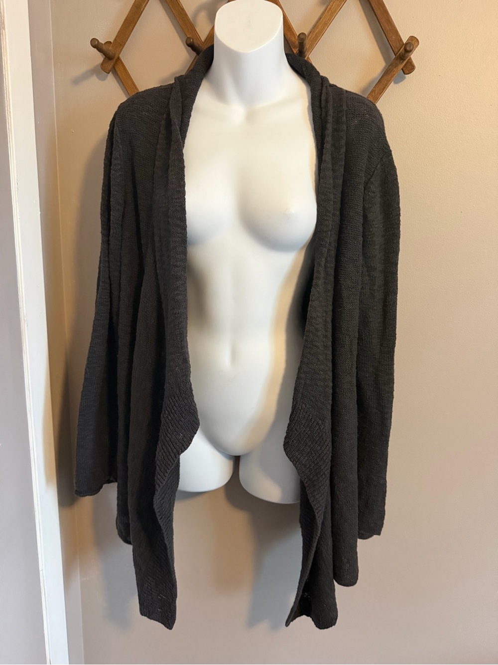 EILEEN FISHER Charcoal Grey Linen Cotton Open Front Cardigan L